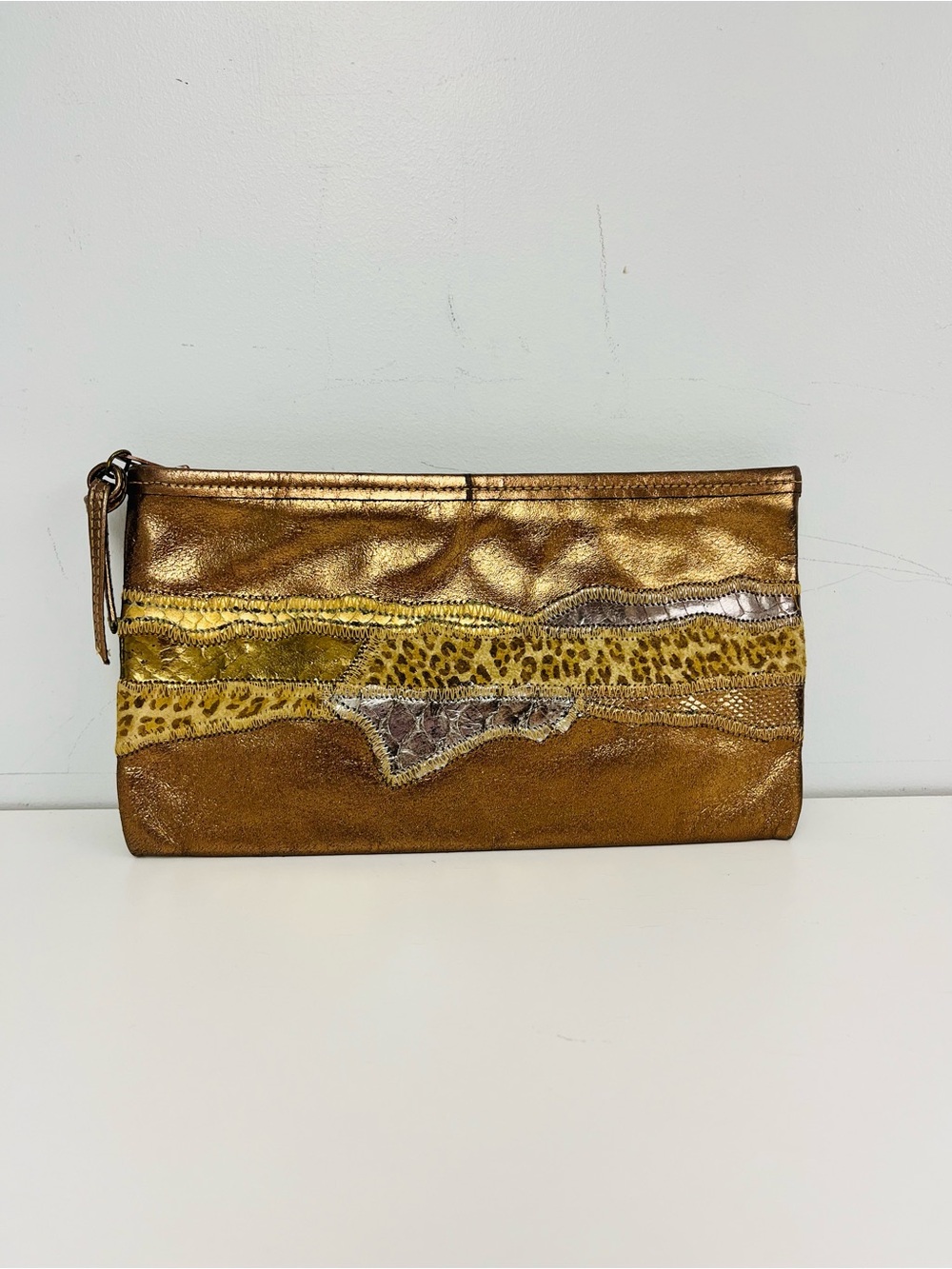 Vintage Metallic Leather Abstract Zippered Pouch